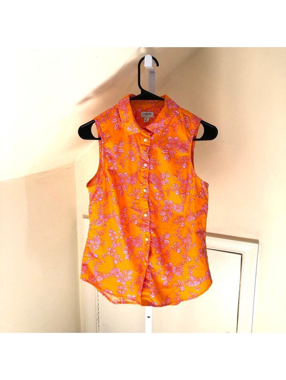 J. Crew Factory EUC Women's Orange Floral Button Down Sleeveless Blouse S